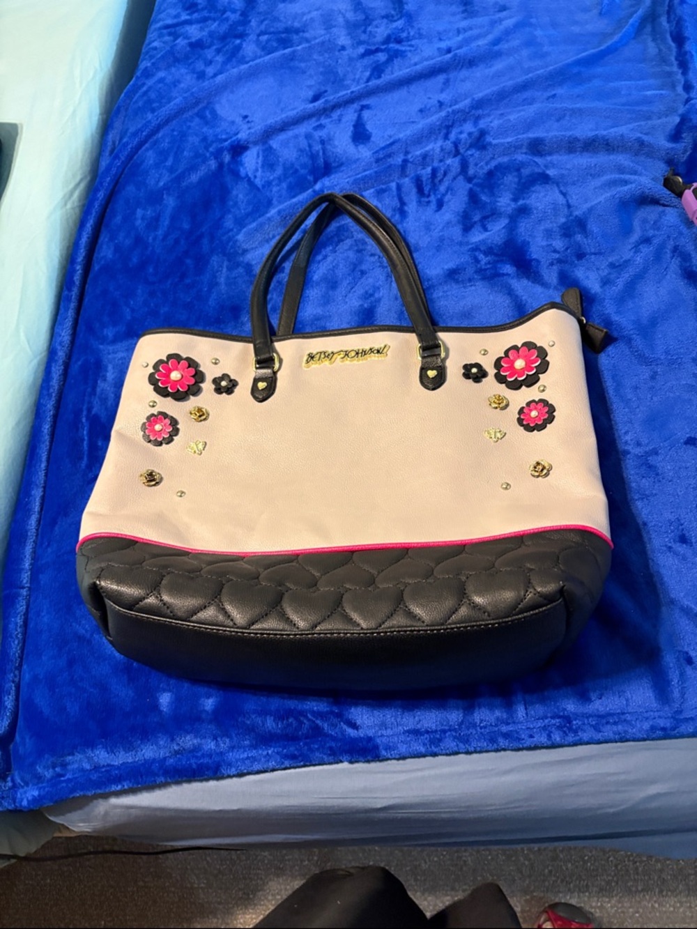 Betsey Johnson Pink and Black Floral Quilted Tote